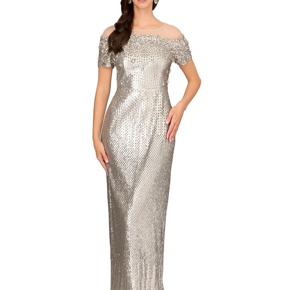 Brand New Aidan Mattox silver embellished column robe